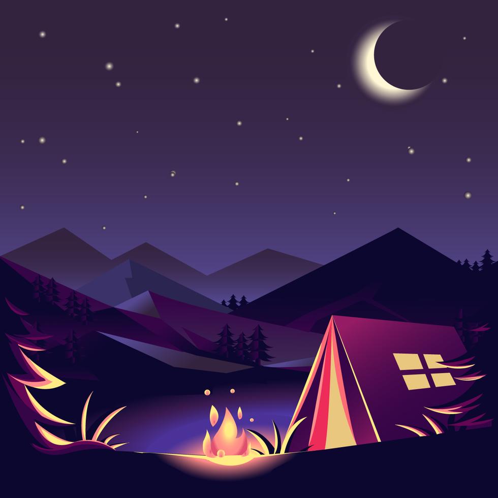 夜晚的野营矢量插画